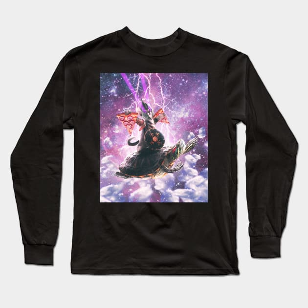 Lazer Warrior Space Cat Riding Turtle With Pizza Long Sleeve T-Shirt by Random Galaxy